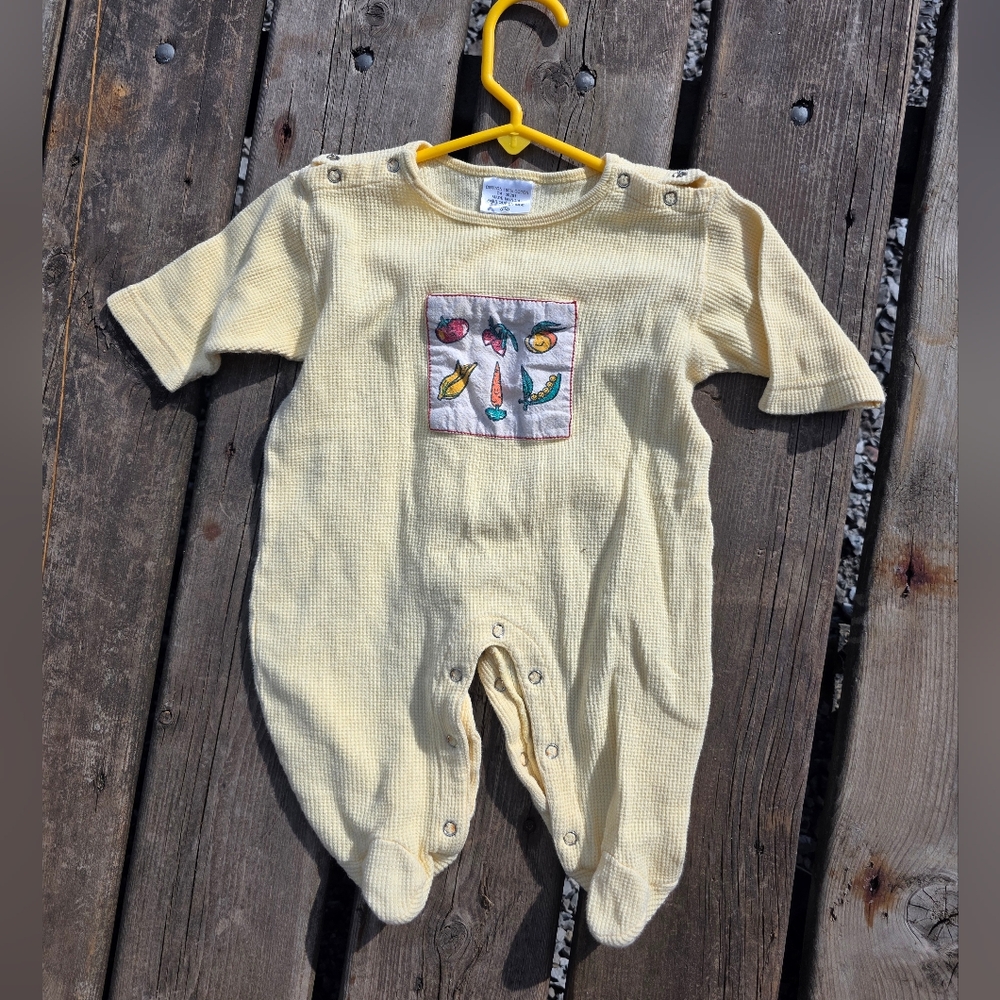 Yellow Kids One Piece Footie with Embroidered Veggies Patch